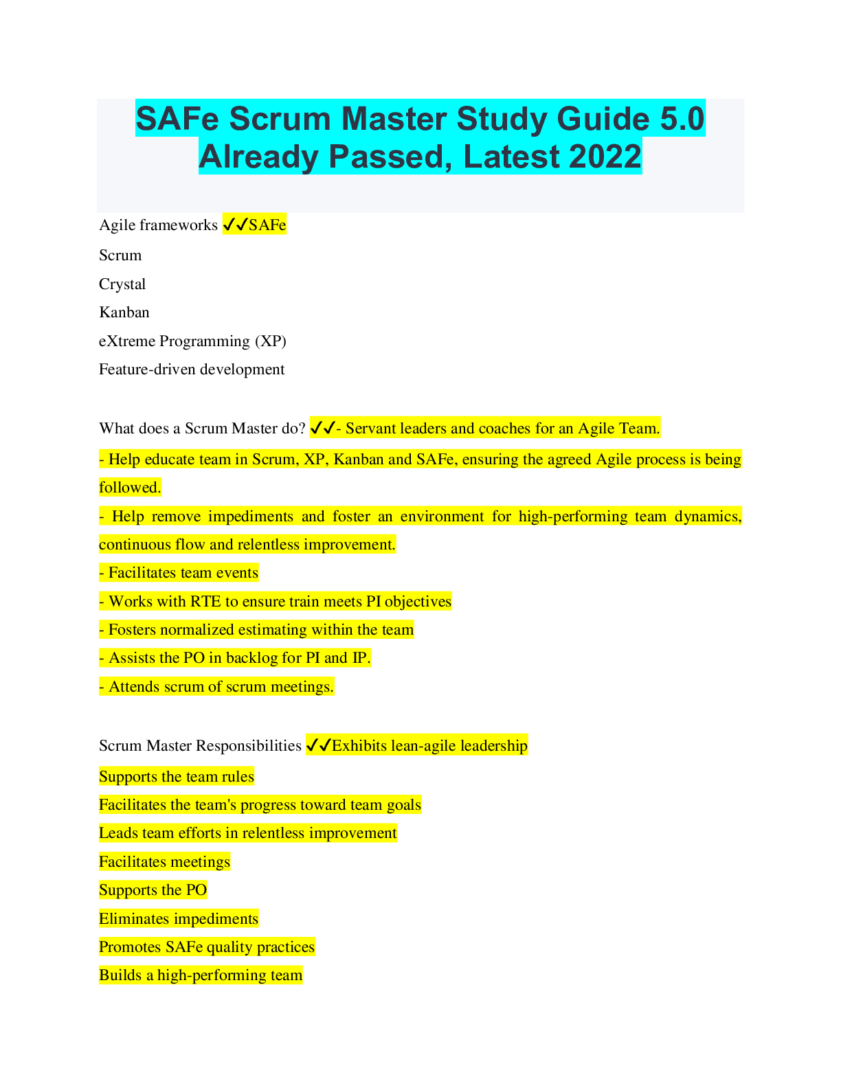 SAFe Scrum Master Study Guide 5.0 Already Passed, Latest 2022 Browsegrades